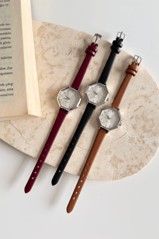 Vexa Taba Geometrik Silver Kadran Deri Dokulu Kordon Kadın Kol Saati - 2