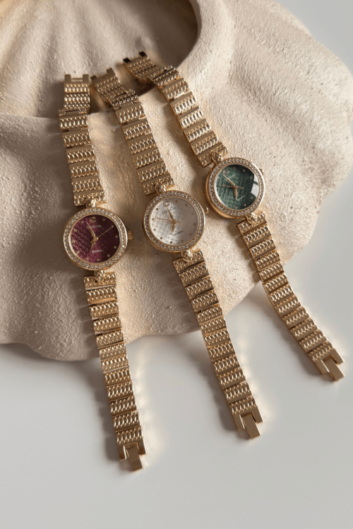 Viral Bordo Gold Yuvarlak Kadran Gold Dokulu Çelik Kordon Kadın Kol Saati (1)