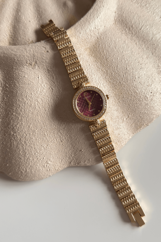 Viral Bordo Gold Yuvarlak Kadran Gold Dokulu Çelik Kordon Kadın Kol Saati - 1