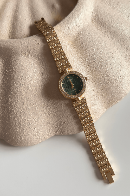 Viral Yeşil Gold Yuvarlak Kadran Gold Dokulu Çelik Kordon Kadın Kol Saati 