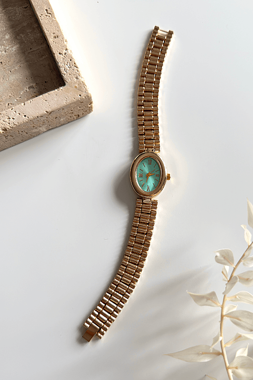 Zeno Oval Turkuaz Kadran Gold Çelik Kordon Kadın Kol Saati