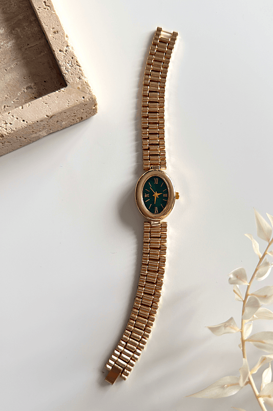 Zeno Oval Yeşil Kadran Gold Çelik Kordon Kadın Kol Saati - 1