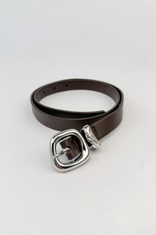 ZK1035 Acı Kahve Kavisli Gümüş Tokalı Suni Deri Kemer