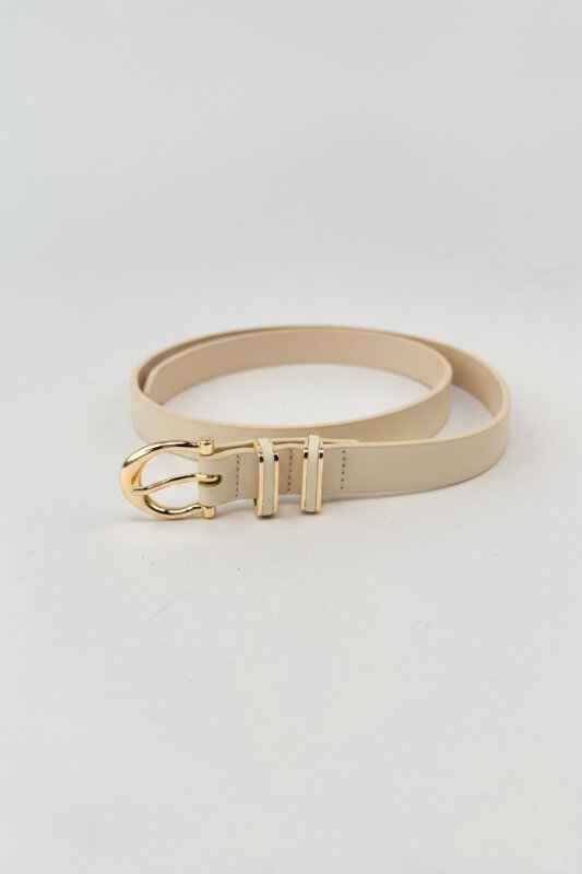 ZK815 Bej Çift Gold Köprülü Suni Deri Kemer - 1