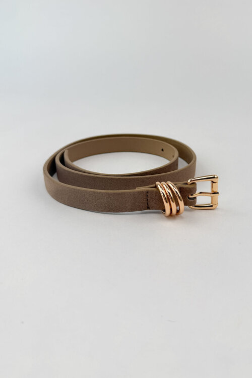 ZK872 Bej Üçlü Gold Köprü Detaylı Süet Kemer