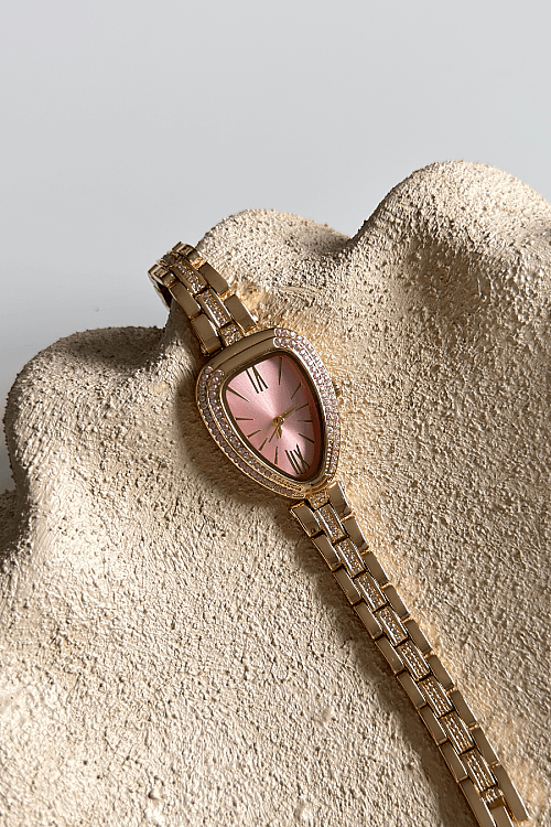 Zorel Pudra Taşlı Damla Kadran Özel Tasarım Gold Çelik Kordon Kadın Kol Saati